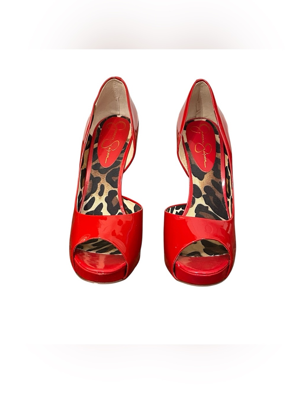 Jessica Simpson Glossy Red Open-Toe Pumps with Leopard Insole